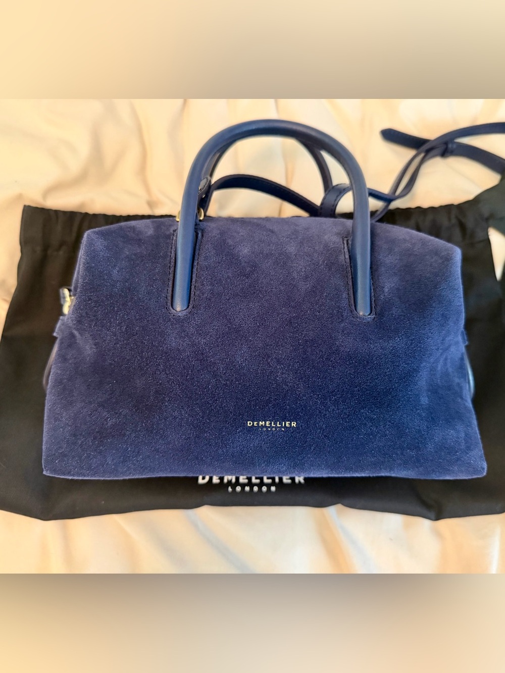 NBW Demellier Navy Suede Top-Zip Women’s Small Stockholm Handbag